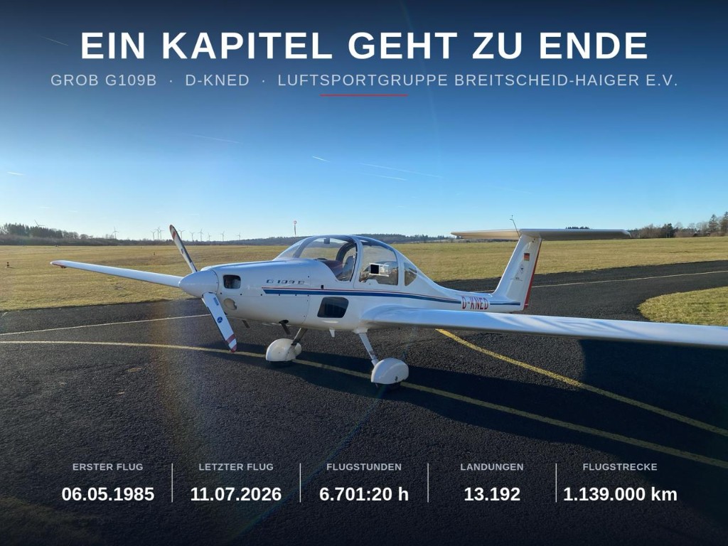 Banner Ein Kapitel geht zu Ende mit D-KNED am Flugplatz Breitscheid