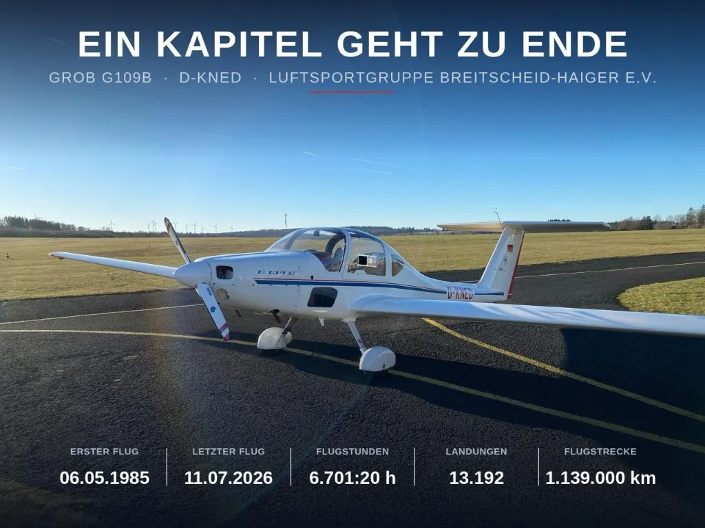 Banner Ein Kapitel geht zu Ende mit D-KNED am Flugplatz Breitscheid